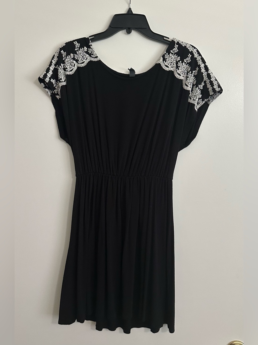 Francesca’s Black Cap-Sleeve Dress with White Lace Accents